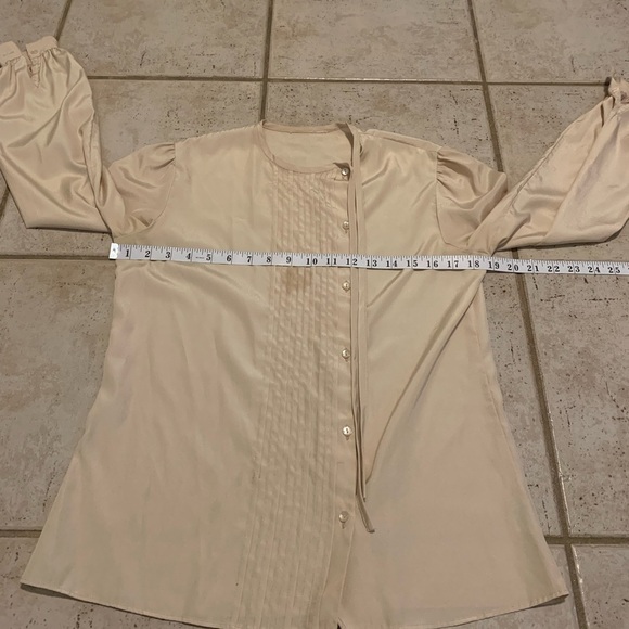 Vintage Cream Satin-Like Blouse with Pin Tucks | Puffy Sleeves | Medium - Picture 2 of 5